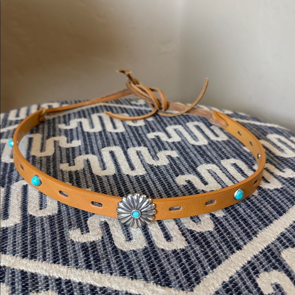 New Handmade Brown Leather Hatband with Turquoise and Silver Accents
